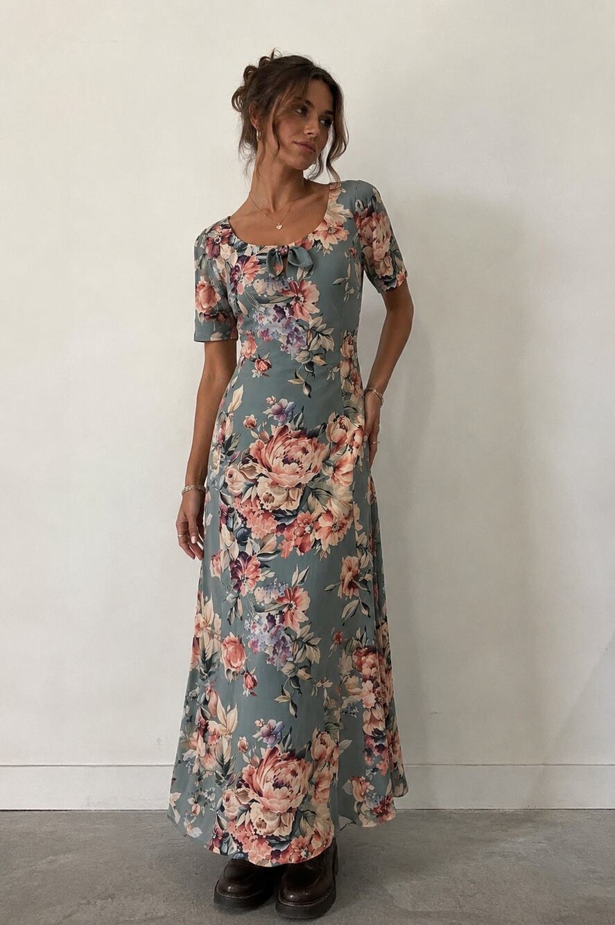Vtg 90s Cottage Core Floral Maxi Bow Front Dress S Shabby Chic Coquette Femme